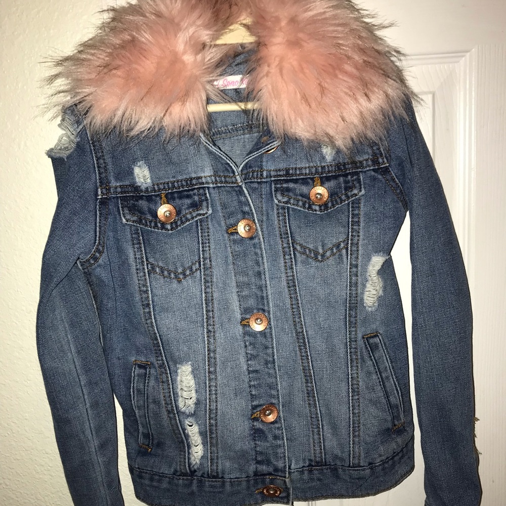 Girl’s Size 7 Destroyed Jean Jacket With Pink Fur
